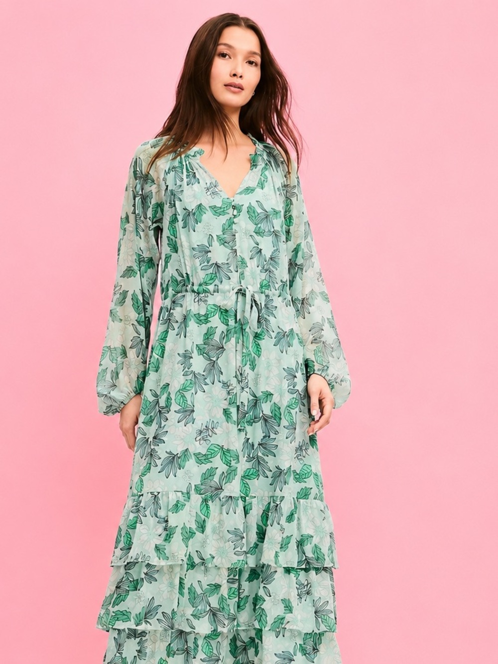 LOFT Gardenia Floral Ruffle Maxi Dress Blue Green Wedding Guest S